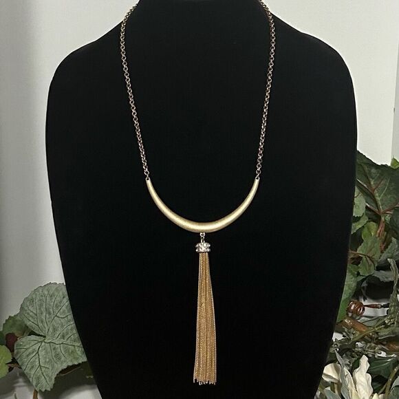 Gold-Tone Rounded Curved Bar Tassel Necklace Womens Fashion Adjustable Chain - Picture 1 of 5